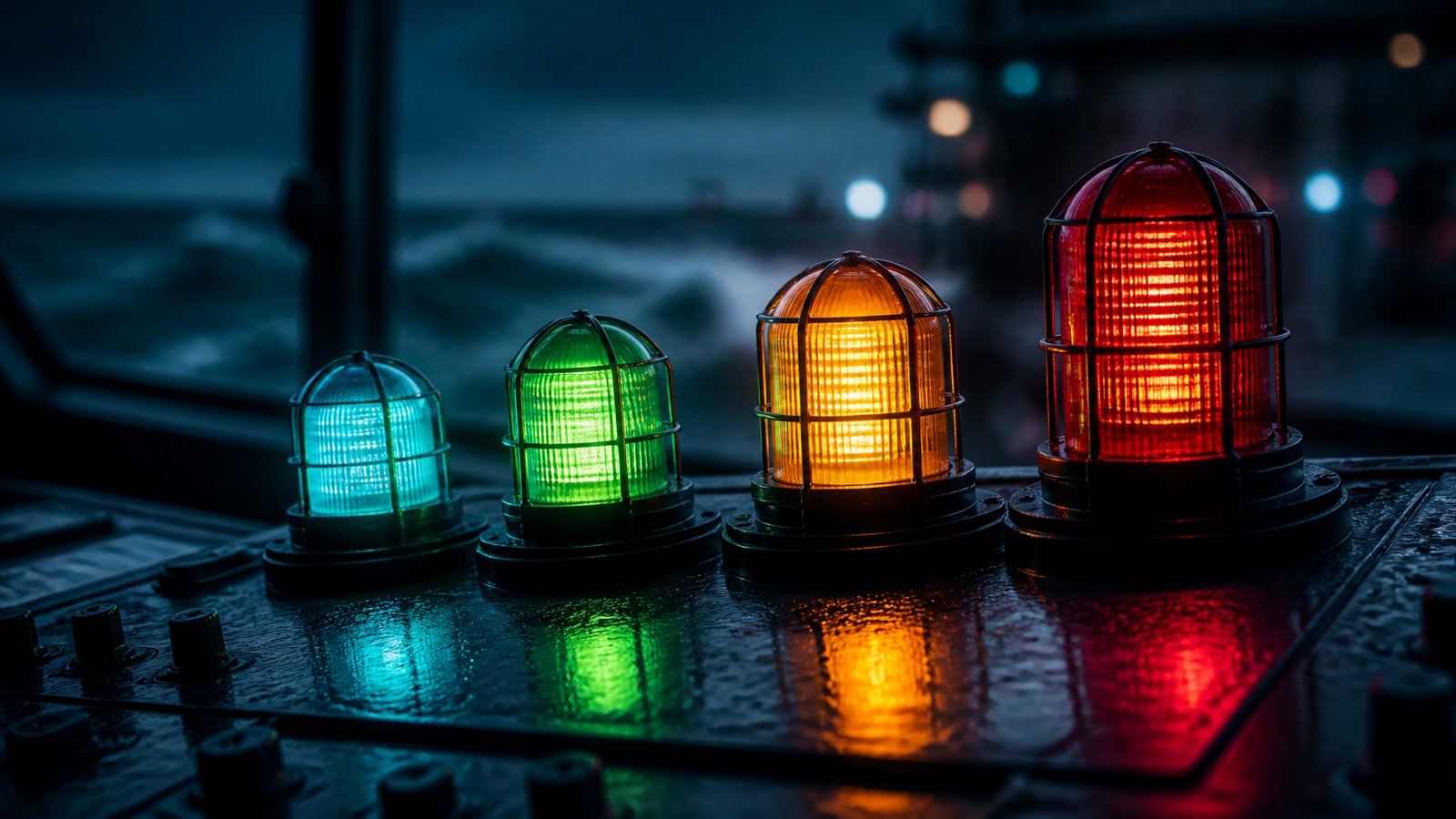 Tiered alert escalation beacons on a dark reflective control panel