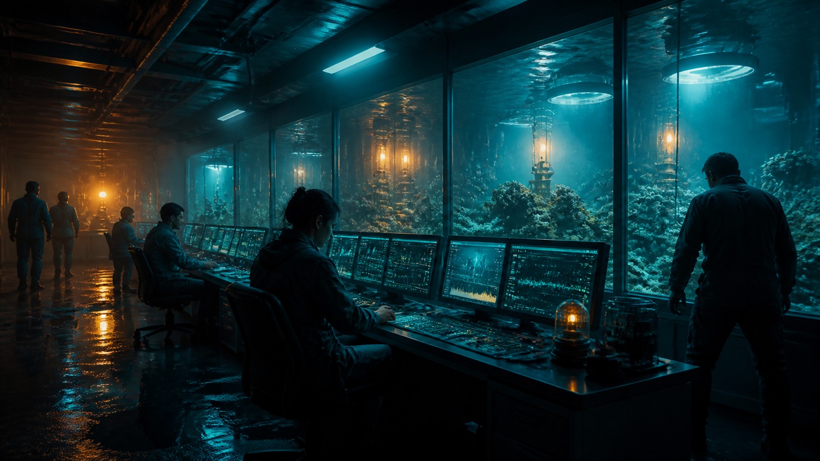 Darkened marine control room during an emergency chiller-failure drill