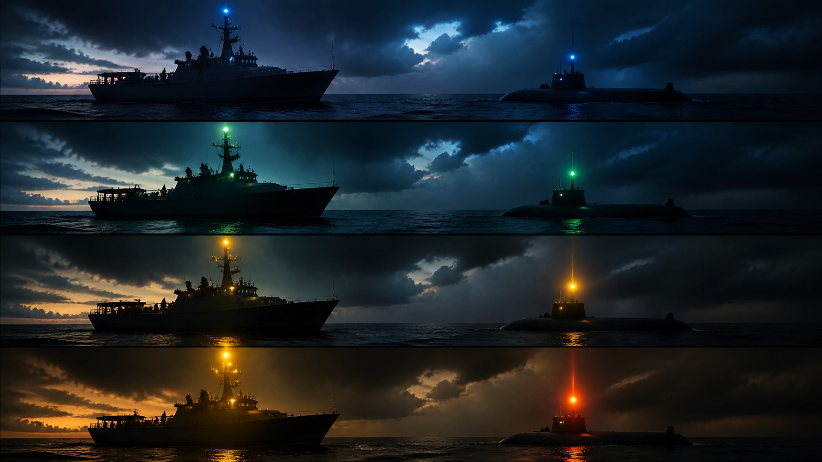 Patrol vessel and submersible silhouette against an escalating beacon sequence at dusk