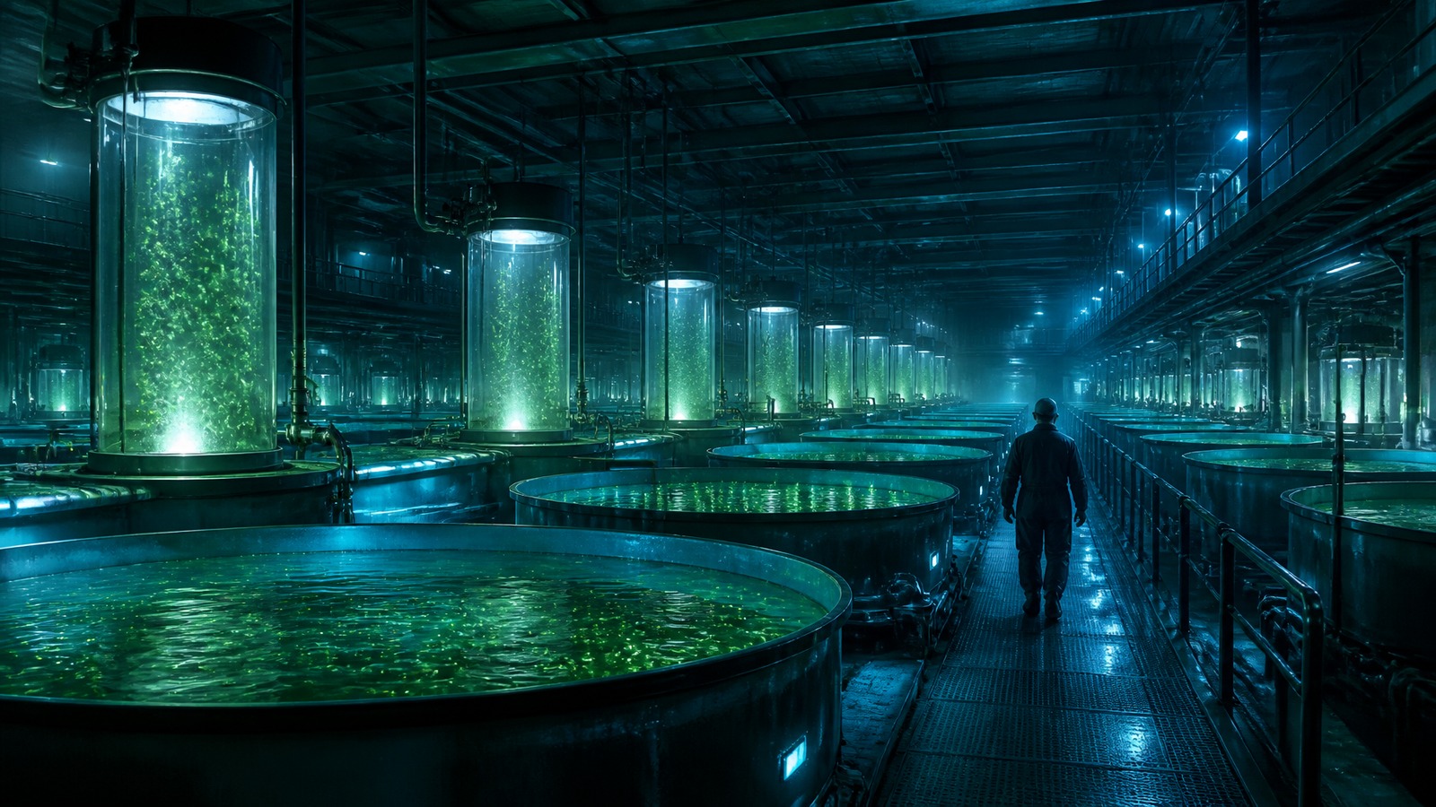 Industrial marine hatchery hall with illuminated rearing tanks
